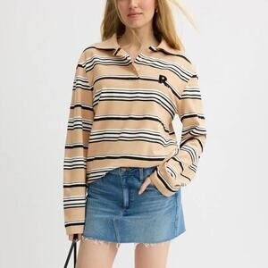 Romy Varsity Polo Shirt Striped Embroidered Logo Long Sleeve Top Brown Black XL